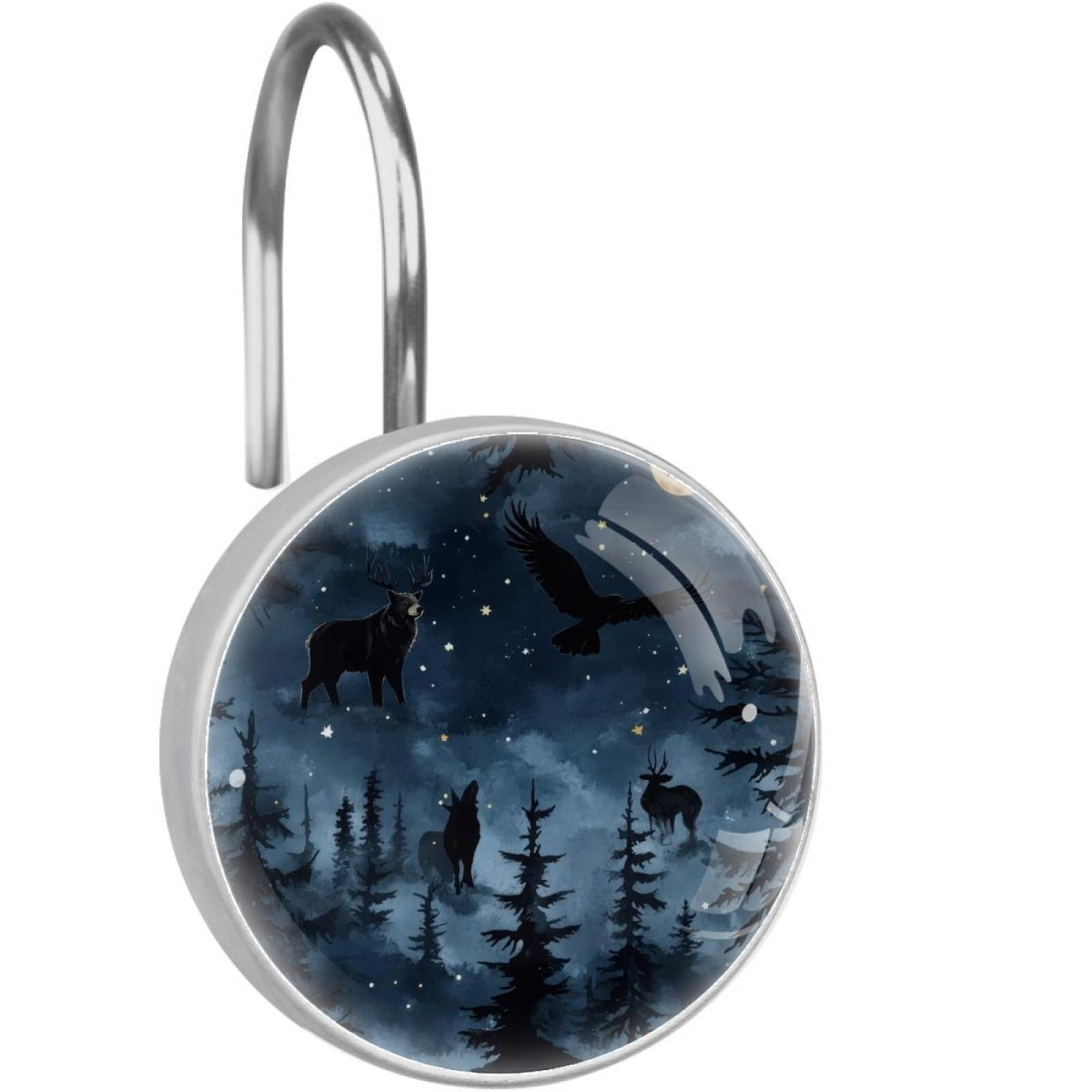 Night Forest Wild Animals Silhouette Shower Curtain Hooks Round Crystal Glass, Set of 12 Shower Curtain Rings - Shower Hooks for Curtain Shower Rings