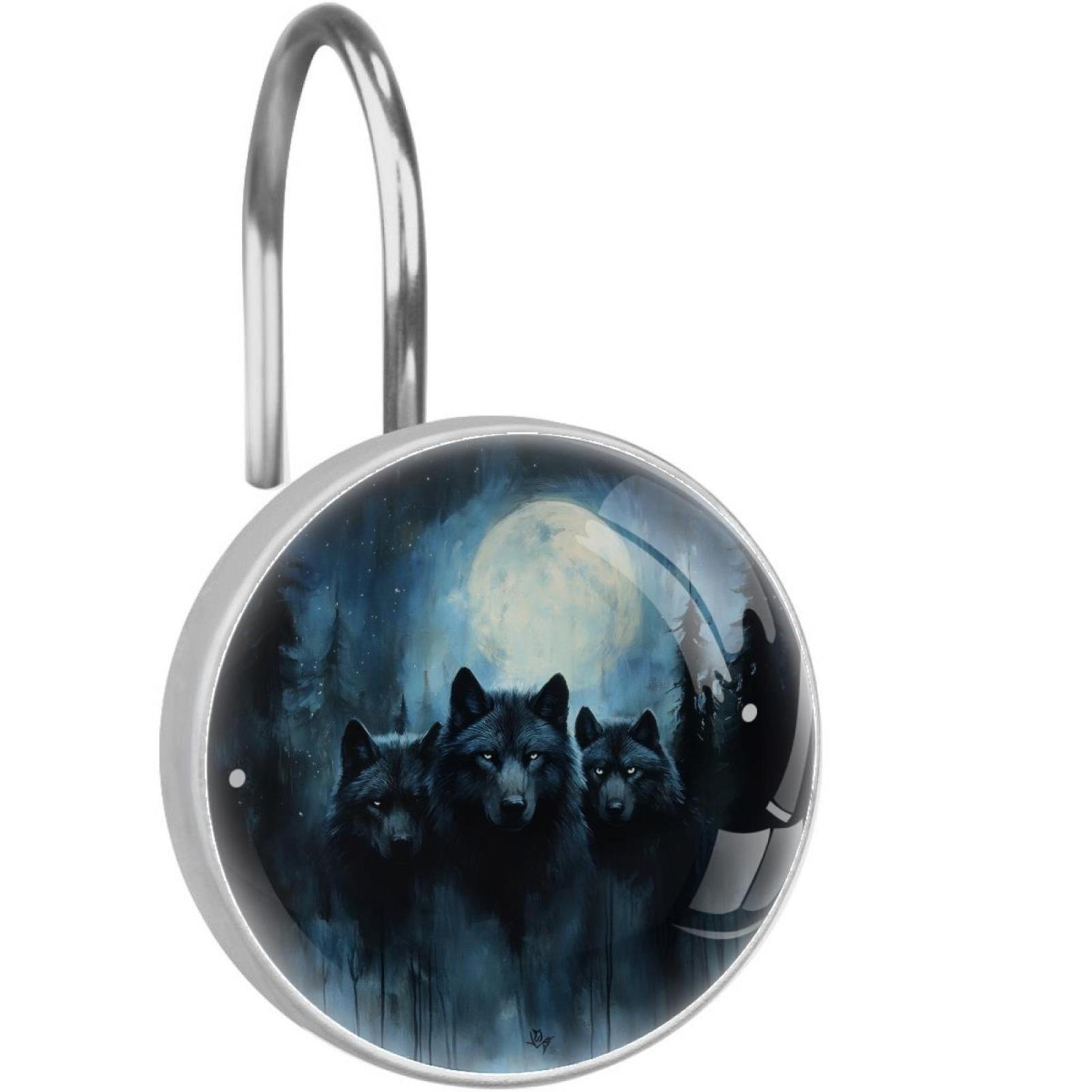 Night Forest Wolves Shower Curtain Hooks Round Crystal Glass, Set of 12 Shower Curtain Rings - Shower Hooks for Curtain Shower Rings