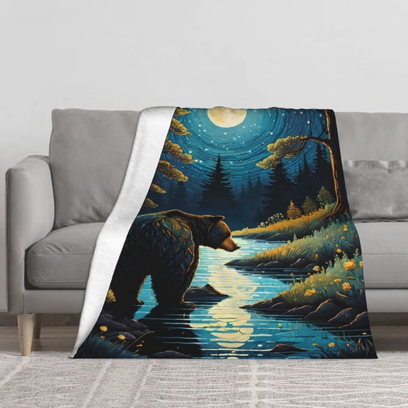 Night Full Moon Forest Brown Bear River Flannel Throw Blanket, Reversible Sherpa Fleece Decor Blanket for Couch Bed Sofa, Wildlife Nature Lover Rustic Gift Blanket Multiple Sizes
