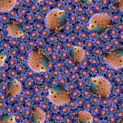 Cotton Hedgehog Animals Woodland Flowers Floral Night Garden Blue Cotton Fabric Print by the Yard (3551-55) Blank Quilting