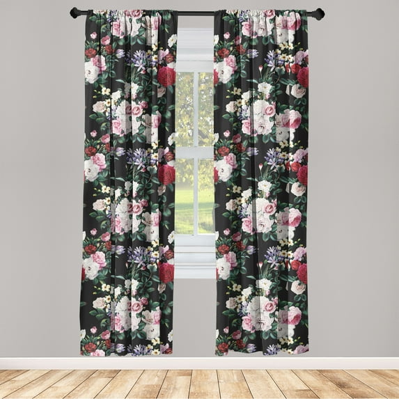 Night Garden Window Curtains, Dreamy Inspired Rose Flowers and Leaves Greenery on Dark Back, Lightweight Decor 2-Panel Set with Rod Pocket, Pair of - 28"x63", Jade Green and Dark Pink, by Ambesonne