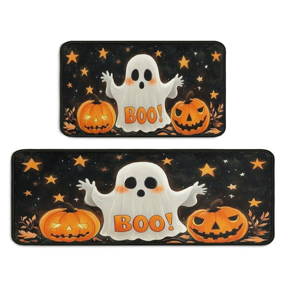 Night Ghost BOO Evil Pumpkin Halloween () Kitchen Mats Sets Of 2 Decor Mats for Floor Bathroom-Non Skid Washable Floor Mats Retro Rugs (17x47in+30x17in)