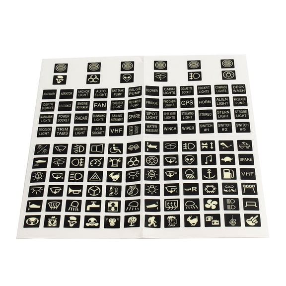 Night Glow Rocker Switch Label Decal Sheet with 132 Glow-in-the-Dark Circuit Panel Stickers for Car, Truck, Boat and Marine Use, Flame-Retardant PBC Plastic