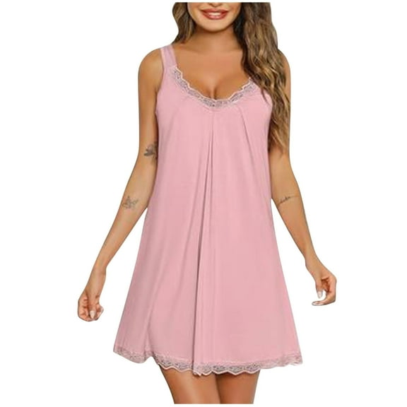 Night Gown for Women Soft Comfortable New Women's Lace Hem Camisole Nightgown Comfy Soft V Neck Nightdress Loose Summer Sleepwear Dress Nighties Pinky L