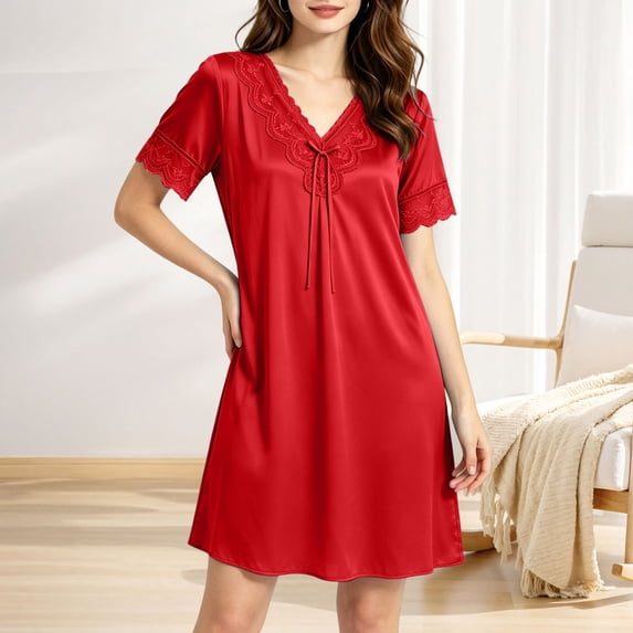 Night Gown for Women Lace Hem V Neck Padded Sleep Dress with Short Sleeve Soft Spring Summer Lounge Dresses Red 2XL