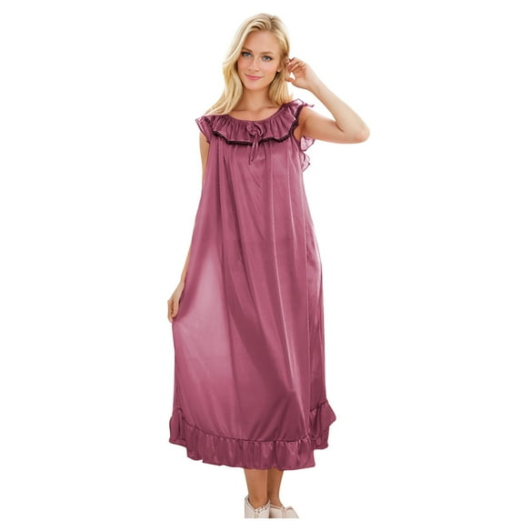 Night Gowns for Adult Women New Sleeveless Nightgown for Women Silk Pleated Nightwear Cute Ruffled Sleep Dress Loose Comfy Chemise Sleepwear Watermelon Red One Size