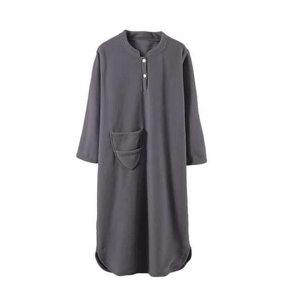 Night Gowns for Elderly Women, Hugcore Ladies' Flannel Plush Long Sleeve Thick Warm Nightgown Sleepwear Henley Sleep Dress Nightgowns for Women Grey, L