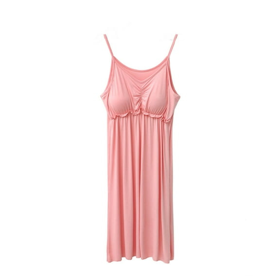 Night Gowns for Women New Slip Nightgowns for Women Spaghetti Strap Loungewear Pajama Dress Soft Cotton Smocked Sleep Shirt with Built in Bra New Pinky One Size