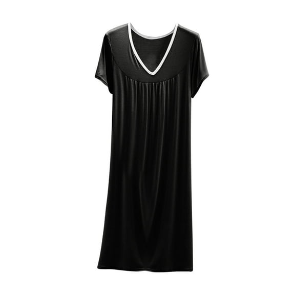 Night Gowns for Women New Women Short Sleeve Cotton Nightgown Soft Comfy V Neck Lounge Dress Flowy Pleated Nightshirts Sleep Dresses New Black XXL