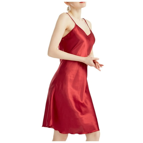 Night Gowns for Adult Women Sexy V Neck Breathable With Satin Spaghetti Strap Chemise Night Dress Sleepwear Watermelon Red M