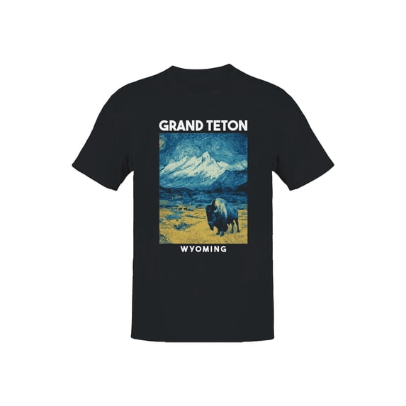Night Grand Teton Bison Graphic Men's Black T-Shirt