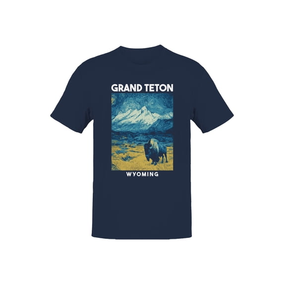 Night Grand Teton Bison Graphic Men's Navy T-Shirt