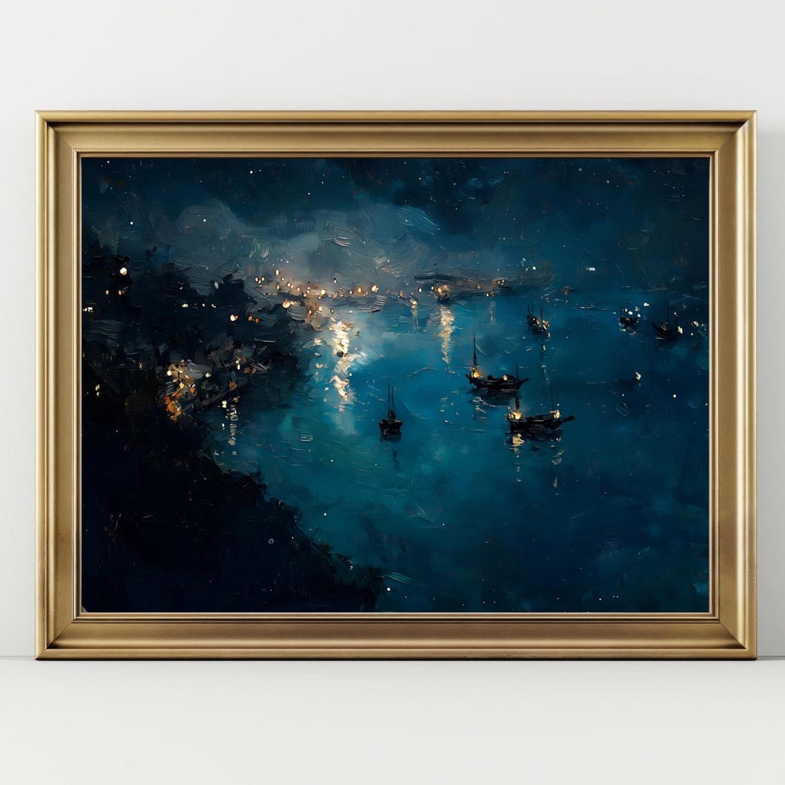 Night Harbor Moody Coastal Poster, Blue Ocean With Boats And Lights ...