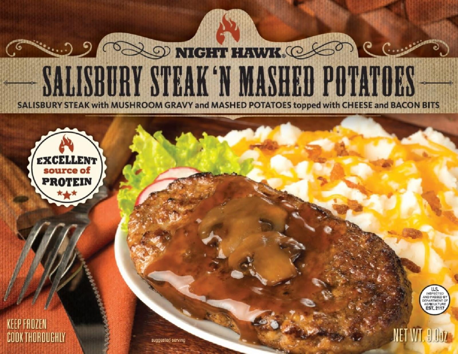Night Hawk Salisbury Steak 'N Mashed Potatoes dish, 9 oz frozen Packaged Meal