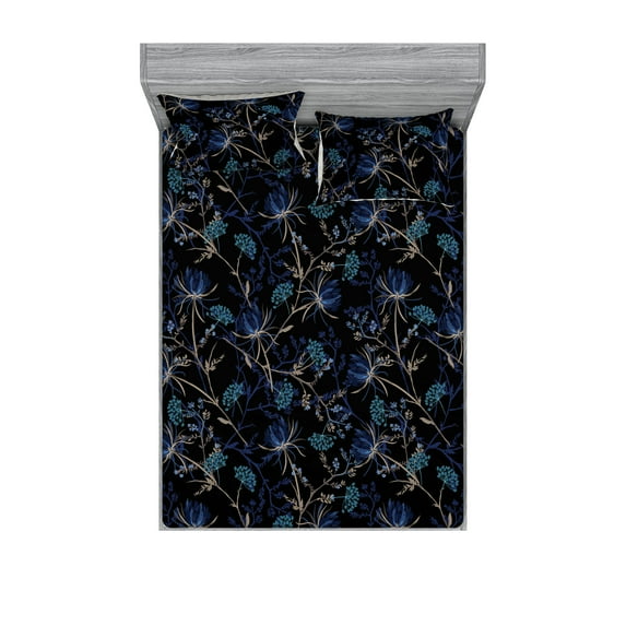 Night Jungle Fitted Sheet & Pillow Sham Set, Dreamy Nostalgic Flowers Boho Pattern and Branches Art Print, Decorative Printed 3 Piece Bedding Decor, Full, Dark Indigo and Pale Camel, by Ambesonne