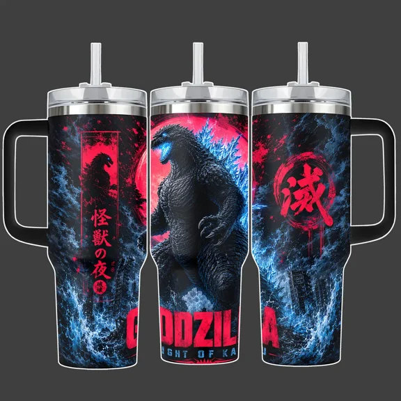 Night of Kaiju Monster Tumbler Cup, Blue Red City Destruction Full Wrap Stainless Steel Insulated Tumbler With Straw Lid Included and Handle Option, Gift for Monster Movie Fans