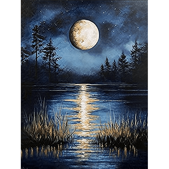 Night Lake Moon Canvas Print Wall ArtSuitable for Living Room Bedroom Office Bathroom Dining Room and Hotel Decoration.