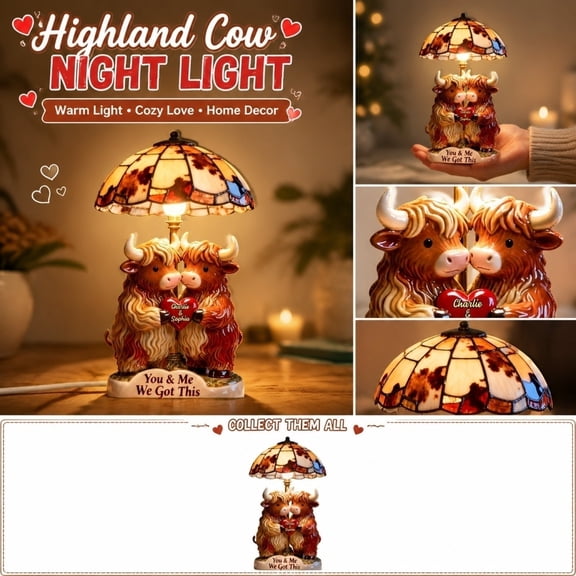 Night Lamp, Rustic Home Decor, Wedding Gift, Cute Bedroom Decor, 6X8 Inch Handmade Highland Cow Table Light with Stained Glass Shade for Farmhouse Style Interior Arrangement