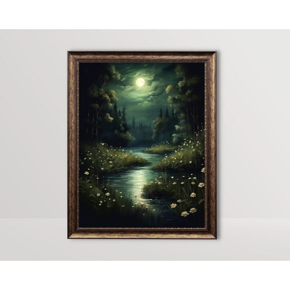 Night Landscape, Dark Cottagecore Poster, Moody Wall Art, Moonlit River Vintage, Green Academia Decor, Moonlight Poster Aesthetic72, Unframed Canvas Size 12x18