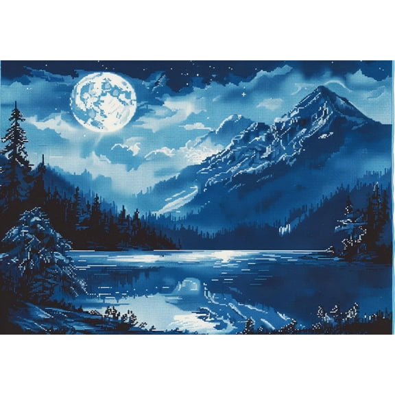 Night Landscape with Moonlight Lake Tree DIY 11CT Stamped Cross Stitch Kits for Beginners Easy Needlepoint Embroidery Counted Cross Stitch Art Craft for Wall Decoration 12x16inch(5)