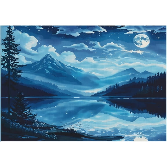 Night Landscape with Moonlight Lake Tree DIY 11CT Stamped Cross Stitch Kits for Beginners Easy Needlepoint Embroidery Counted Cross Stitch Art Craft for Wall Decoration 20x28inch(8)