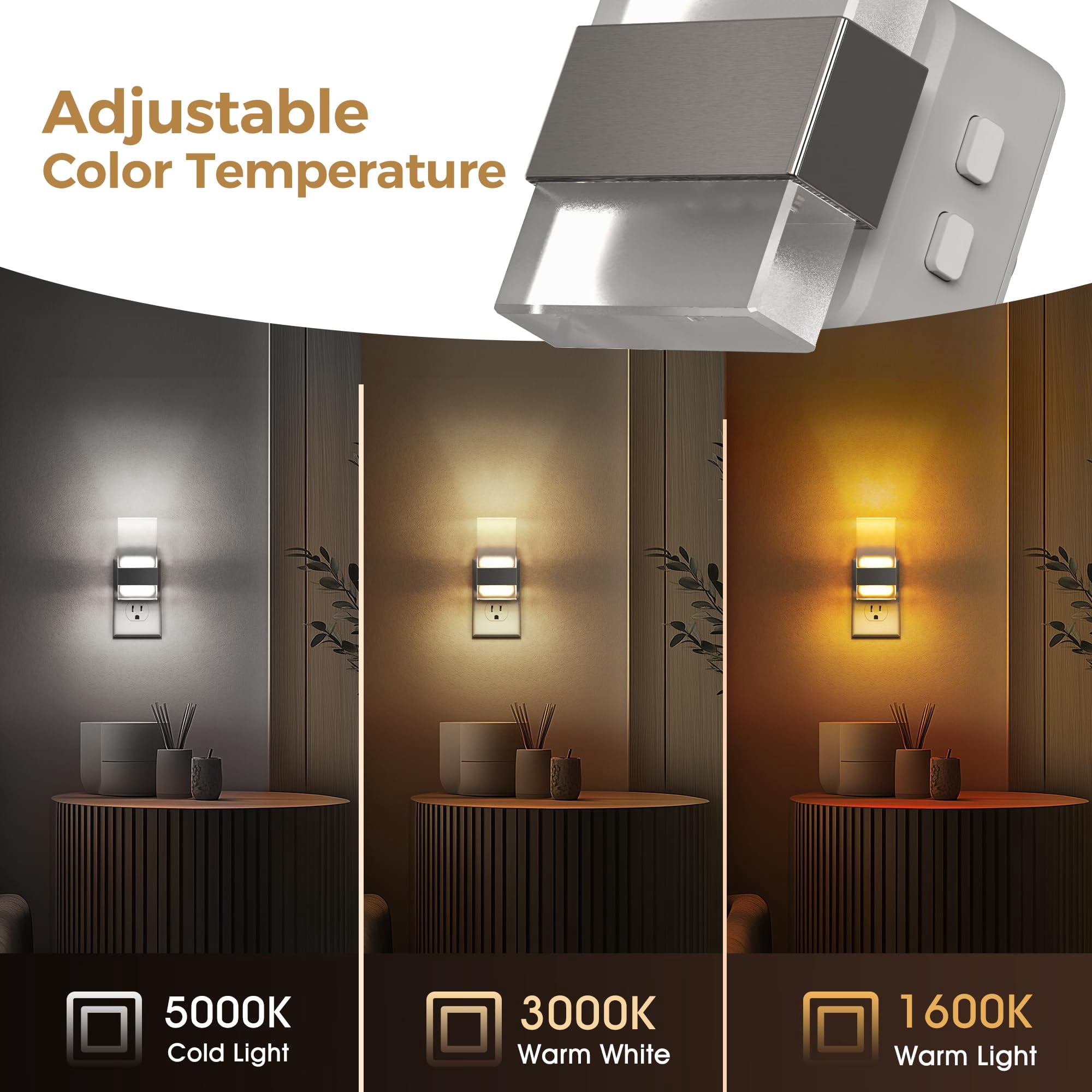 Night Light  2 Pack Adjustable Color Temperature Lights Plug Into Wall 2000k/3000k/5000k 3cct Nightlight Dusk To Dawn Sensor Dimmable Nightlights For Bathroom Hallway Gift