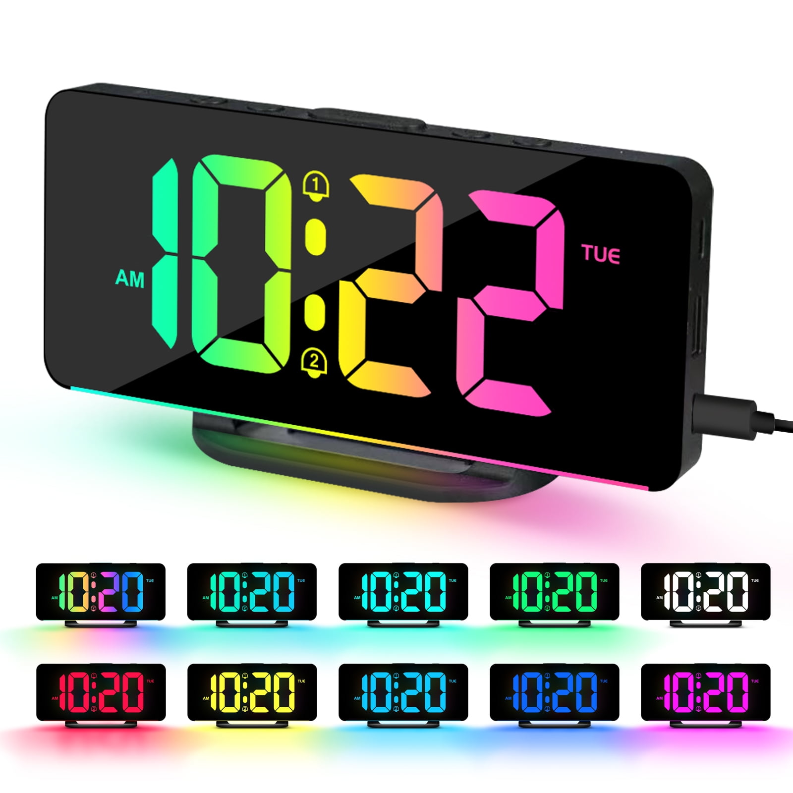 Night Light Alarm Clock for Bedrooms Bedside Digital Clock with LED Display, Dynamic RGB Color