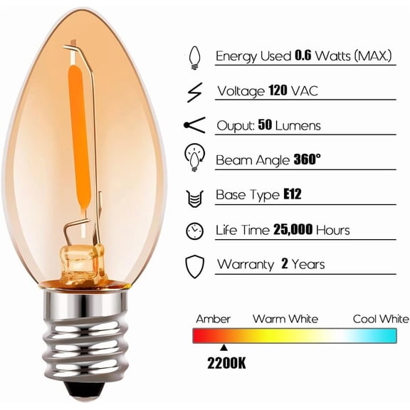 Night Light Bulbs, Amber LED C7 Bulb, 4W 5W 6W 7W Equivalent, E12 Candelabra Base, Salt Lamp and Nightlight Replacement Bulb, 0.6W, Amber Yellowish 2200K, 50LM, 4 Pack