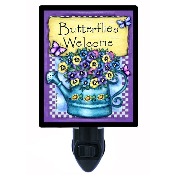 Night Light - Butterflies Welcom. | Flower and Garden Theme, Includes Free Switchable Insert, 4W Bulb, E12 Base