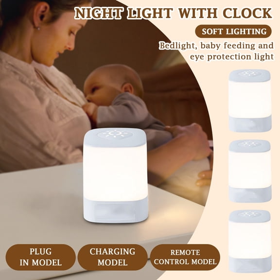 Night Light with Clock for Bedroom - White Plug-in Model with 3 Color Temperature Dimmable LED, Sleep Aid Lamp with Digital Display, Includes Data Cable