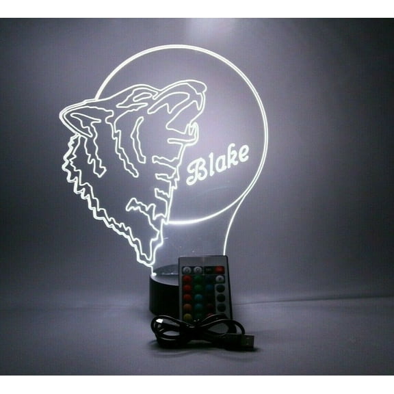 Night Light Up Desk Table Lamp LED Personalized Free Engraved Howling Wolf, Our Newest Feature, Most Popular, It's Wow, with Remote 16 Colors Energy Efficient, Great Gift