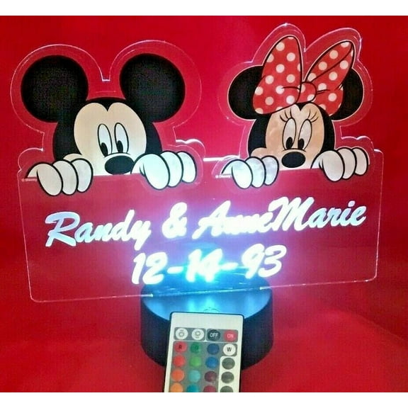 Night Light Up Desk Table Lamp LED Personalized Free Engraved Mickey and Minnie Mouse Disney, Our Newest Feature, Most Popular, It's Wow, with Remote 16 Colors Energy Efficient, Great Gift
