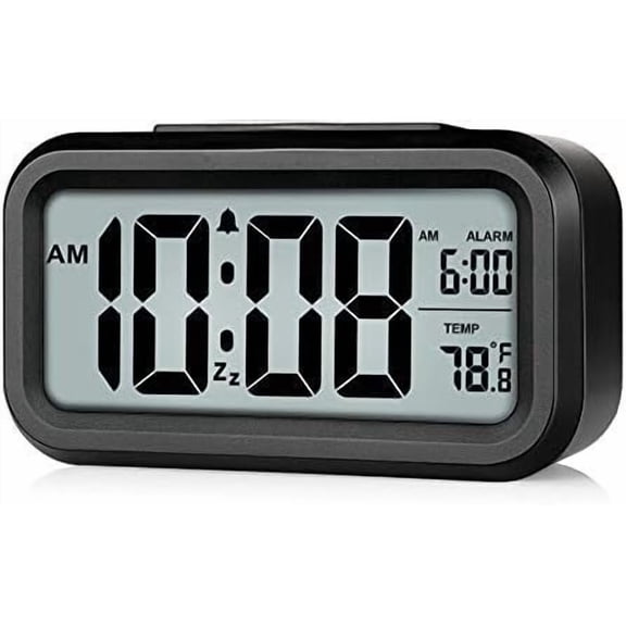 Night Light Digital Alarm Clock Battery Operated with Indoor Temperature, Desk Small Clock (Black)