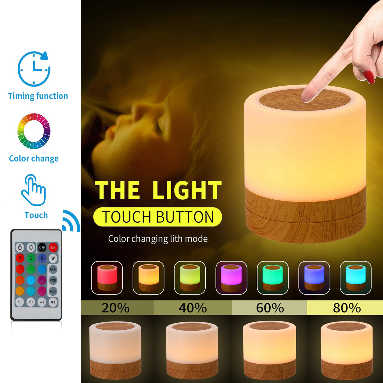 Night Light, Dimmable Touch Lamp for Bedroom, Portable Table Bedside