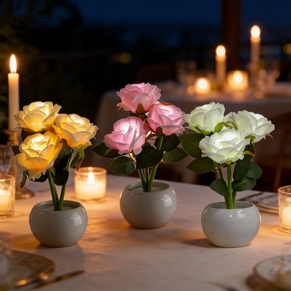 Night Light – Flower Pot Lamp, USB Powered Mini Bedside Desk Light for Bedroom Atmosphere, Decorative Ceramic Plastic Cloth Flower Ornament, Pink