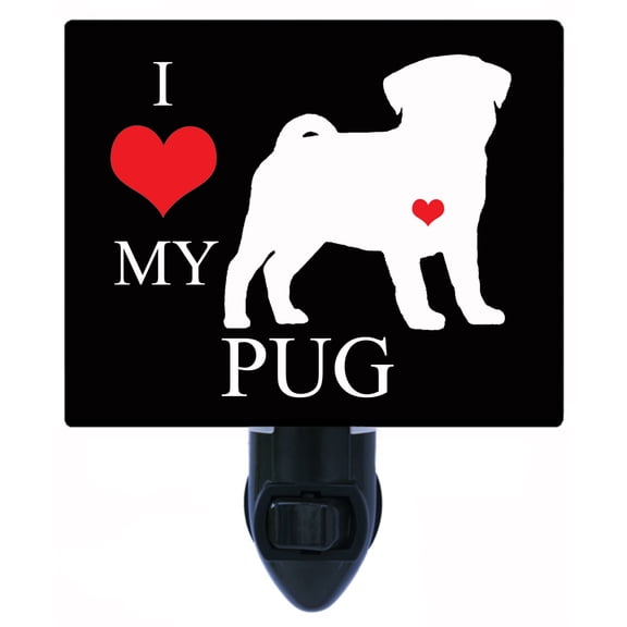 Night Light - I Heart My Pug. | Dog Theme, Includes Free Switchable Insert, 4W Bulb, E12 Base