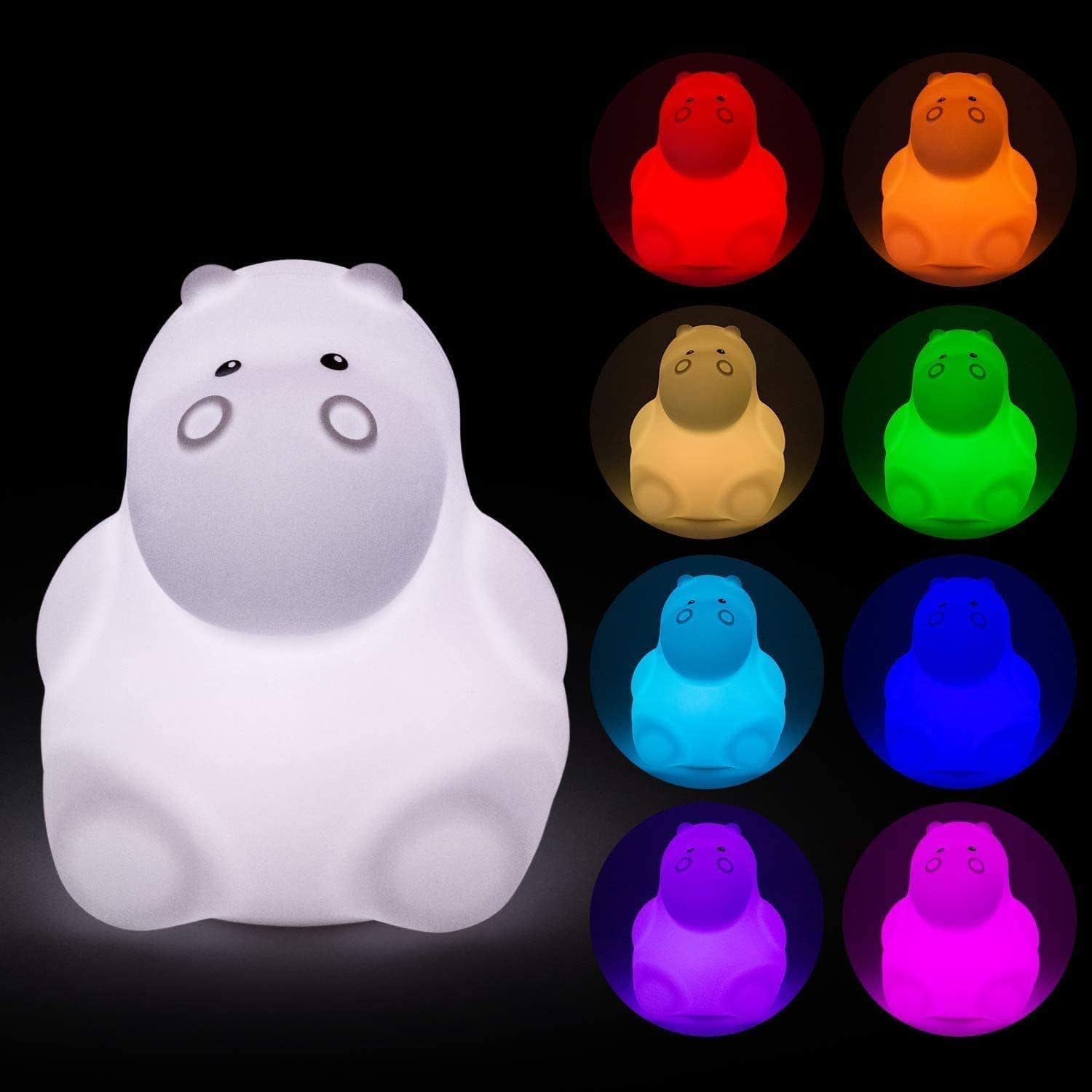 Night Light for Kids, 9 Colors, Baby Night Light, Rechargeable Bedside Lamp with Remote Control, Dimmable, Kindergarten Lamp, Sleep Lamp - Hippopotamus