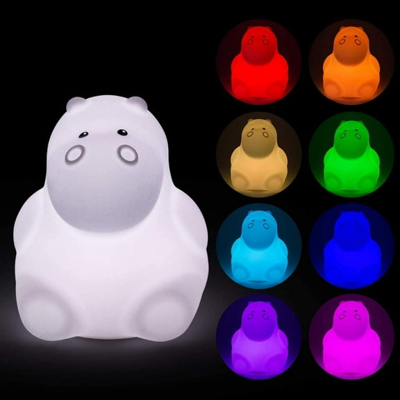 Night Light for Kids, 9 Colors, Baby Night Light, Rechargeable Bedside Lamp with Remote Control, Dimmable, Kindergarten Lamp, Sleep Lamp - Hippopotamus