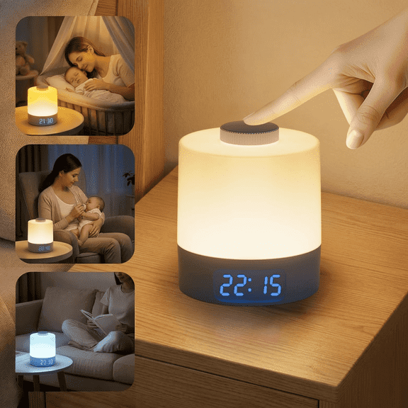 Night Light for Kids & Adults – 3-Color Dimmable LED Bedside Lamp with Built-in Digital Clock & Shake-to-Wake, 3600mAh Battery, Portable Nursery Light for Breastfeeding, Bedroom, Travel – Blue