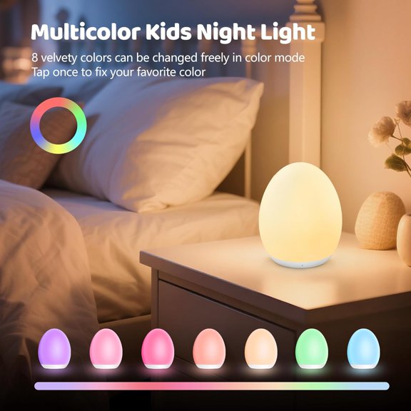 Night Light for Kids, Baby Egg Light for Nursery, 7 Colors Changing & Stepless Dimming, Soft Silicone Touch Night Lamp with 1 Hour Timer, Rechargeable Nursery Night for Breastfeeding