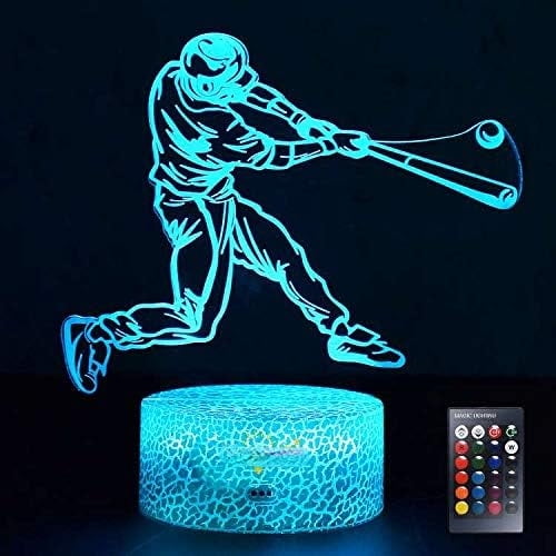 Night Light for Kids Baseball 3D Night Light Porpoise Illusion Lamp with Remote Control 16 Color Changing Xmas Halloween Birthday Gift for Child Baby Boy (Remote - Ice Crack Base)
