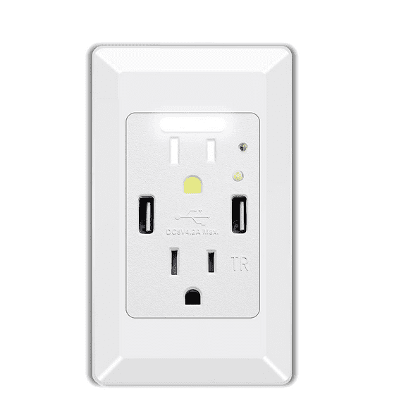 Night Light Outlet,NineLeaf 4.2A High Speed Duplex Receptacle with 2 USB Electrical ,Auto Nightlight Sensor and Wall Plates for Home Office Dorm Room,White,1 Pack
