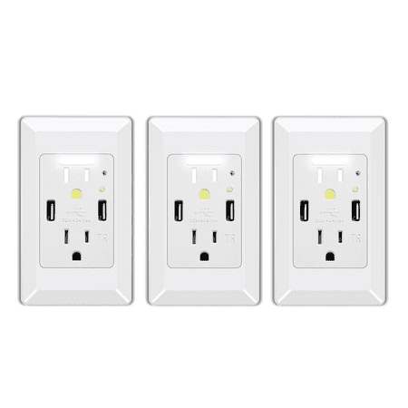Night Light Outlet,NineLeaf 4.2A High Speed Duplex Receptacle with 2 USB Electrical ,Auto Nightlight Sensor and Wall Plates for Home Office Dorm Room,White,3 Pack