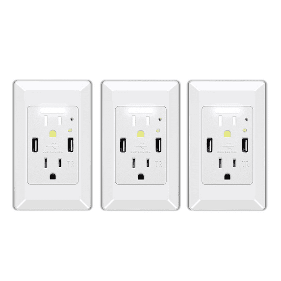 Night Light Outlet,NineLeaf 4.2A High Speed Duplex Receptacle with 2 USB Electrical ,Auto Nightlight Sensor and Wall Plates for Home Office Dorm Room,White,3 Pack