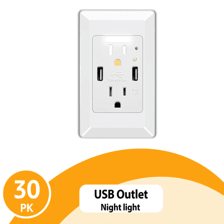 Night Light Outlet,NineLeaf 4.2A High Speed Duplex Receptacle with 2 USB Electrical ,Auto Nightlight Sensor and Wall Plates for Home Office Dorm Room,White,30 Pack