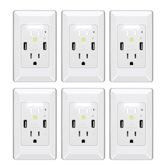 Night Light Outlet,NineLeaf 4.2A High Speed Duplex Receptacle with 2 USB Electrical ,Auto Nightlight Sensor and Wall Plates for Home Office Dorm Room,White,6 Pack