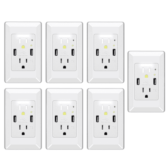 Night Light Outlet,NineLeaf 4.2A High Speed Duplex Receptacle with 2 USB Electrical ,Auto Nightlight Sensor and Wall Plates for Home Office Dorm Room,White,7 Pack