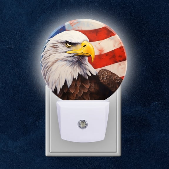 Night Light Plug into Wall,Dusk to Dawn Sensor Auto-On/Off for Bathroom, Hallway,Kids Room-American Bald Eagle Painting With The Background Of American Flag
