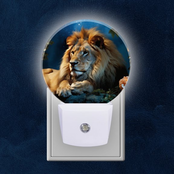 Night Light Plug into Wall,Dusk to Dawn Sensor Auto-On/Off for Bathroom, Hallway,Kids Room-Beautiful Lion Resting In The Night Surrounded By Beautiful Roses