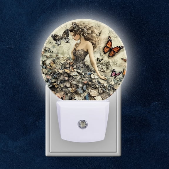 Night Light Plug into Wall,Dusk to Dawn Sensor Auto-On/Off for Bathroom, Hallway,Kids Room-Beautiful Woman In Intricate Dress Surrounded By Butterflies